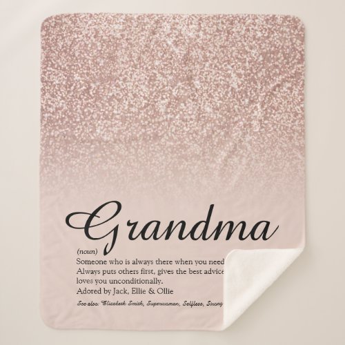Grandma Definition Script Rose Gold Glitter Sherpa Blanket