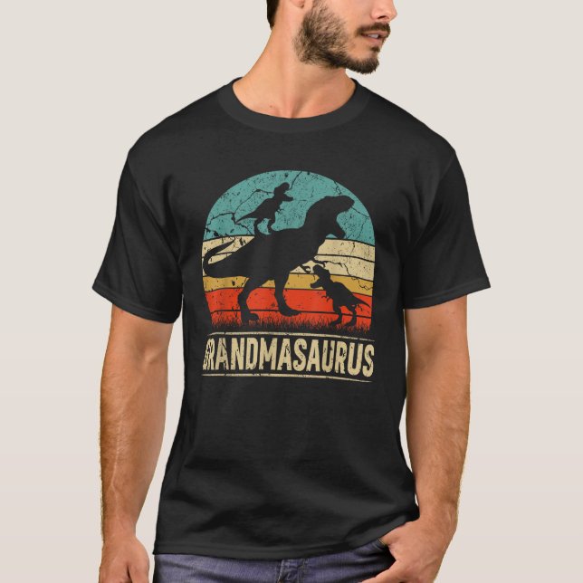 Grandma Dinosaur T Rex Grandmasaurus 2 kids Family T-Shirt (Front)