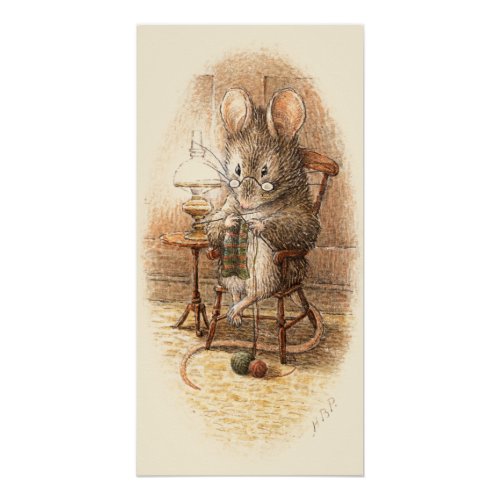 Grandma Dormouse Knitting on a Rocking Chair Poster