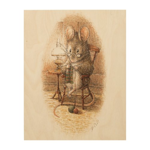 Grandma Dormouse Knitting on a Rocking Chair Wood Wall Decor