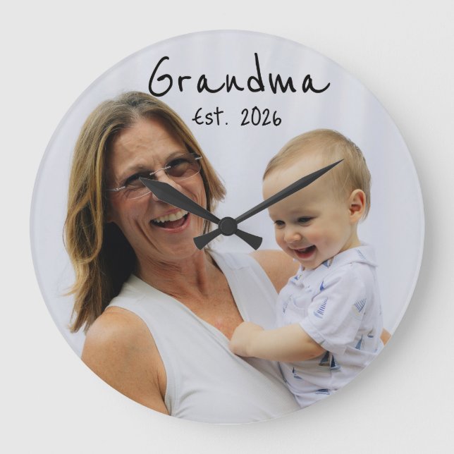 Grandma Est. black script 3 photo Large Clock (Front)