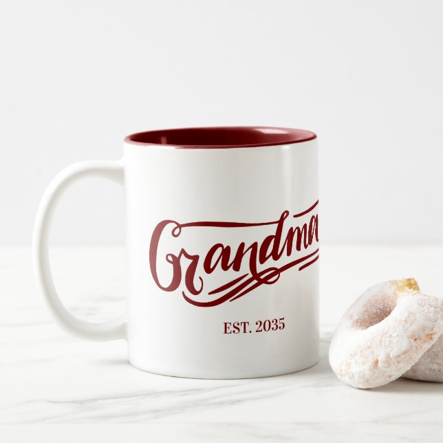 Grandma Est. Calligraphy Script Soon-To-Be Grandma Two-Tone Coffee Mug (With Donut)
