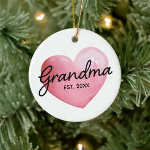Grandma Est Date Watercolor Heart Christmas Ceramic Ornament