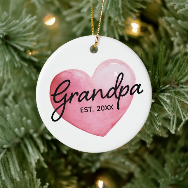 Grandma Est Date Watercolor Heart Christmas Ceramic Ornament (Tree)