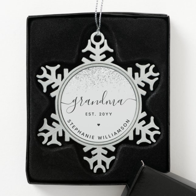 Grandma Est Glitter Confetti Custom Grandma Gifts  Snowflake Pewter Christmas Ornament (Box)