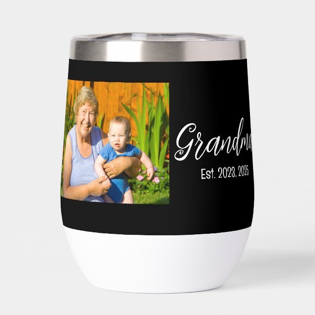 Grandma Est. White script photo Thermal Wine Tumbler (Back)