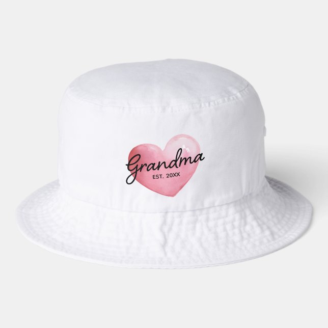 Grandma Est Year Pink Watercolor Heart Bucket Hat (Front)