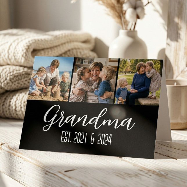 Grandma Established Black 3 Photo White Script Card (Creator Uploaded)