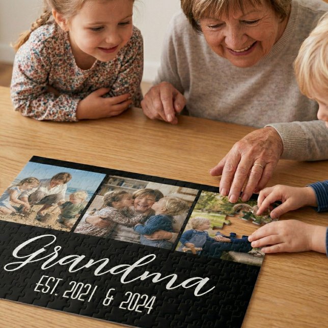 Grandma Established Black 3 Photo White Script Jigsaw Puzzle (Creator Uploaded)