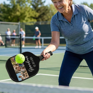 Grandma Established Black 3 Photo White Script Pickleball Paddle