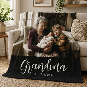 Grandma Established Black Modern Script Photo Fleece Blanket
