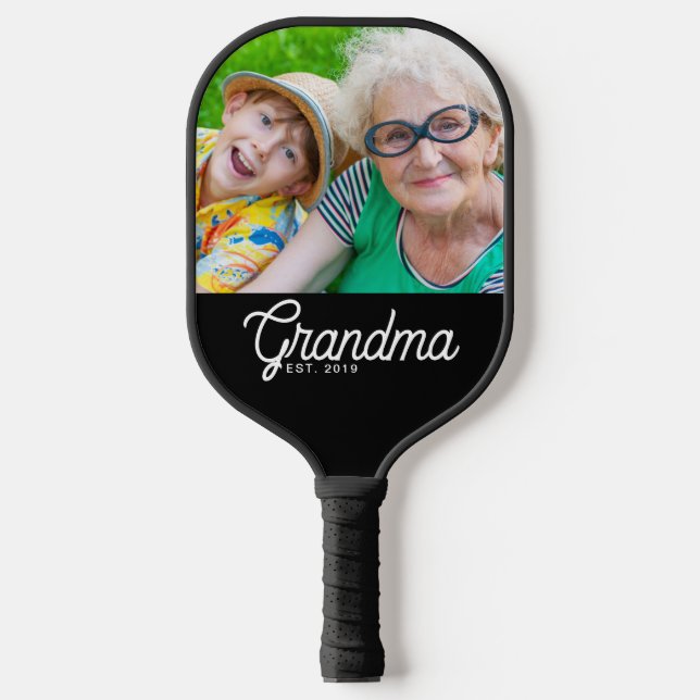Grandma Established Black Modern Script Photo Pickleball Paddle (Front)