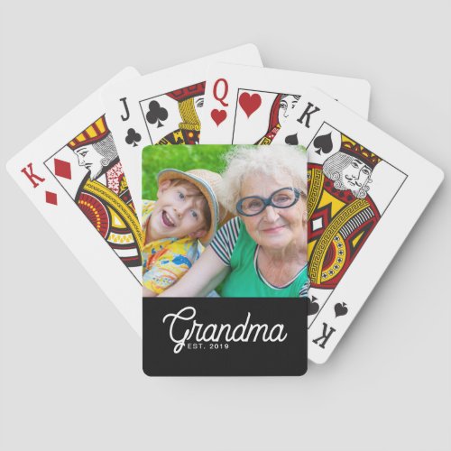 Grandma Established Black Modern Script Photo Poker Cards
