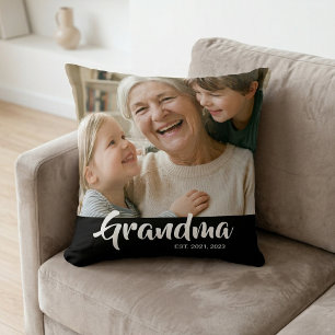 Grandma Established Black Modern Script Photo Throw Pillow