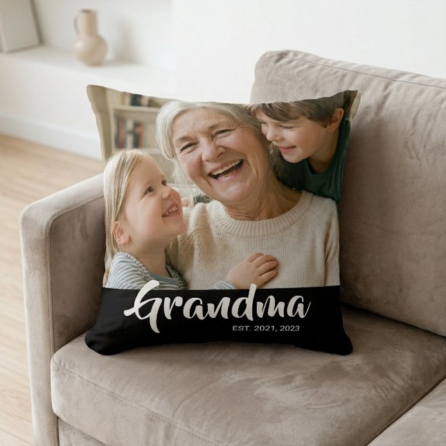 Grandma Established Black Modern Script Photo Throw Pillow (Grandma Established Script Photo Pillow)