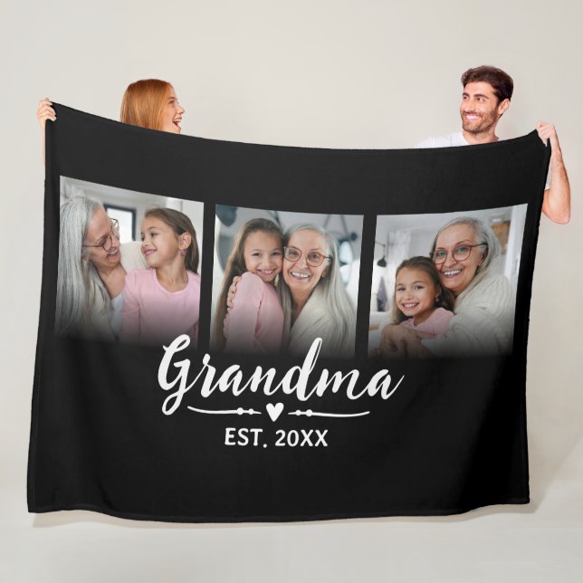 Grandma Established Black Script 3 Photo Fleece Blanket (In Situ)