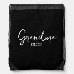Grandma Established Black Script Typography Drawstring Bag
