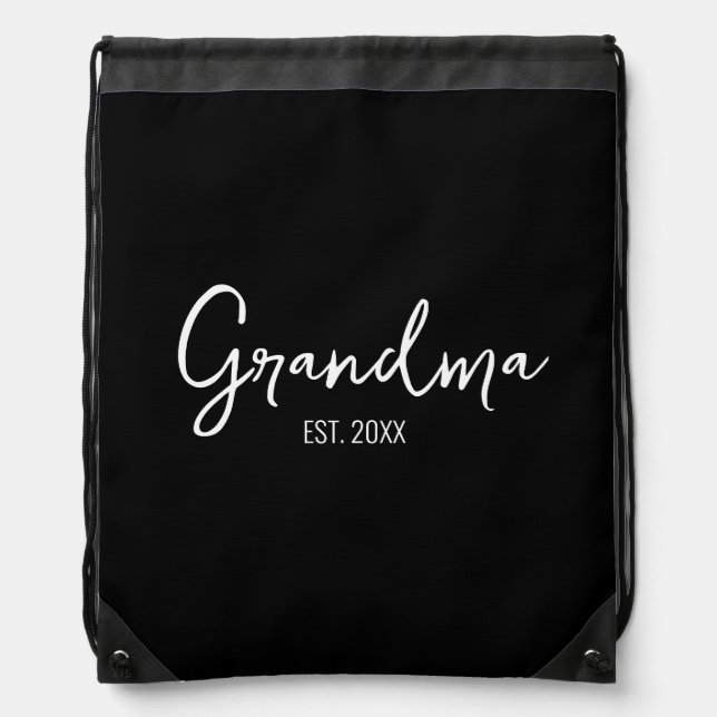  Grandma Established Black Script Typography Drawstring Bag (Front)