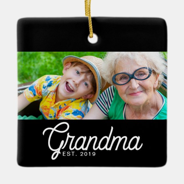 Grandma Established Black White Script Photo Ceramic Ornament (Front)