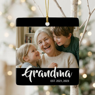Grandma Established Black White Script Photo Ceramic Ornament