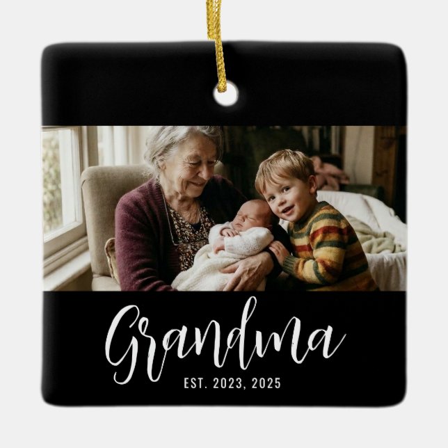 Grandma Established Black White Script Photo Ceramic Ornament (Front)