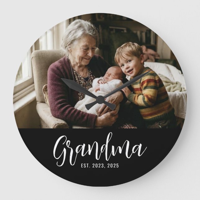 Grandma Established Black White Script Photo Large Clock (Front)