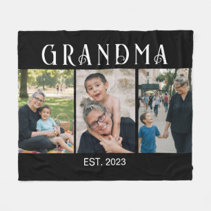 Grandma Established Bold Modern Black 3 Photo Fleece Blanket