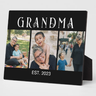 Grandma Established Bold Modern Black 3 Photo Plaque