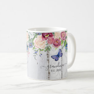 Grandma Established Burgundy Floral Rustic Wood Coffee Mug