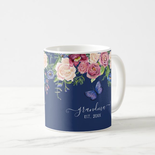 Grandma Established Burgundy Floral Watercolor Coffee Mug (Front Right)