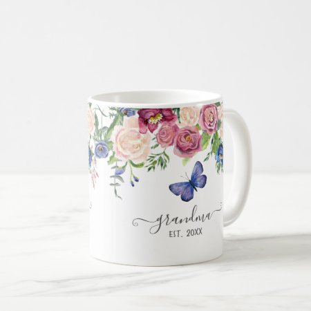 Grandma Established Burgundy Floral Watercolor Coffee Mug