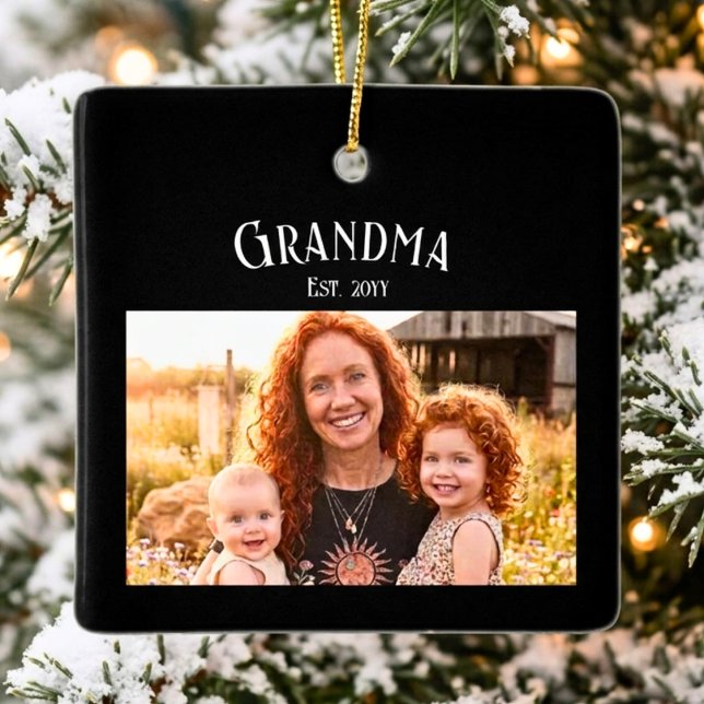 Grandma Established Custom Name Year Photo Black Ceramic Ornament (Creator Uploaded)