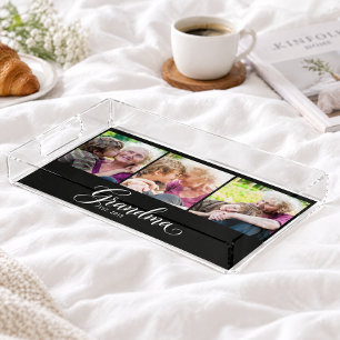 Grandma Established Elegant Black Script 3 Photo  Acrylic Tray