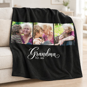 Grandma Established Elegant Black Script 3 Photo Fleece Blanket