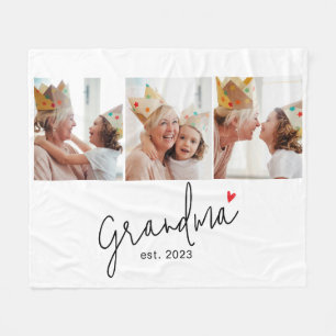Grandma Established Elegant Script 3 Photo Fleece Blanket