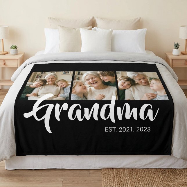 Grandma Established Elegant Script Black 3 Photo Fleece Blanket (Grandma Established Elegant Script Black 3 Photo Fleece Blanket)
