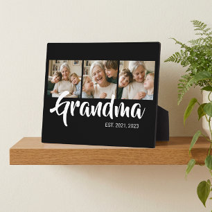 Grandma Established Elegant Script Black 3 Photo Plaque
