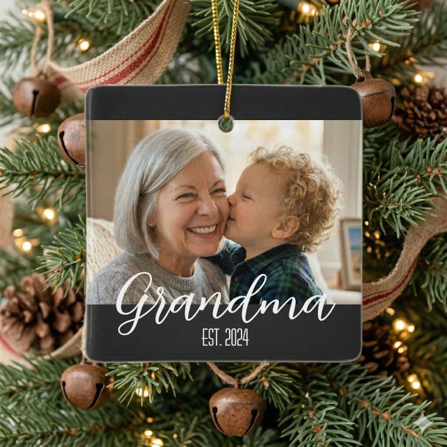 Grandma Established Minimalist White Script Text Ceramic Ornament (Creator Uploaded)