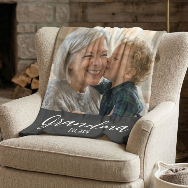Grandma Established Minimalist White Script Text Fleece Blanket (Creator Uploaded)