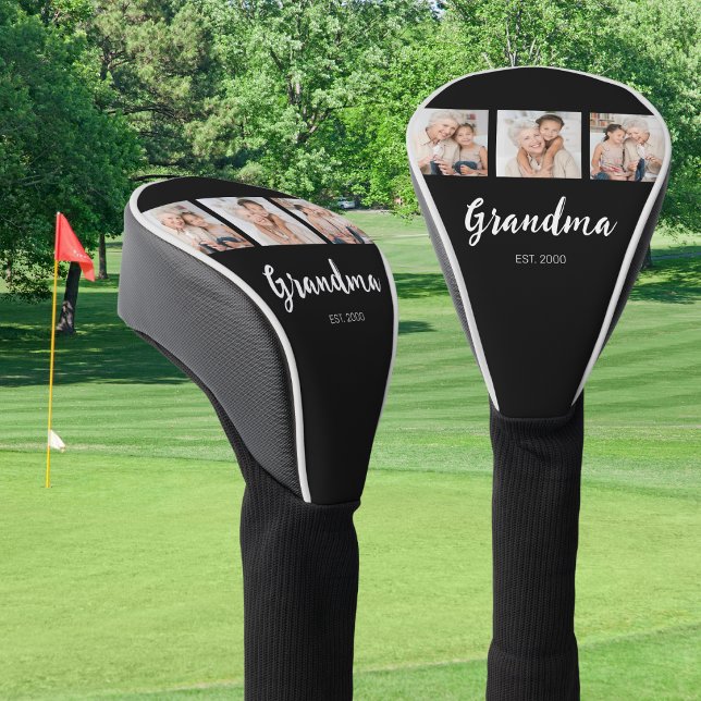 Grandma Established Modern Script 3 Photo Black Golf Head Cover (Creator Uploaded)