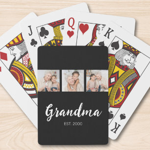 Grandma Established Modern Script 3 Photo Black  Poker Cards