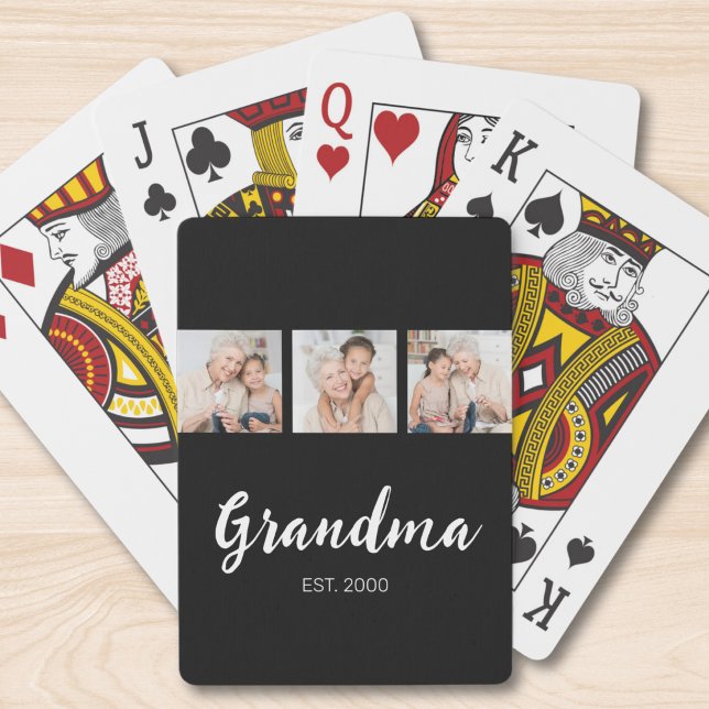 Grandma Established Modern Script 3 Photo Black  Poker Cards (Creator Uploaded)