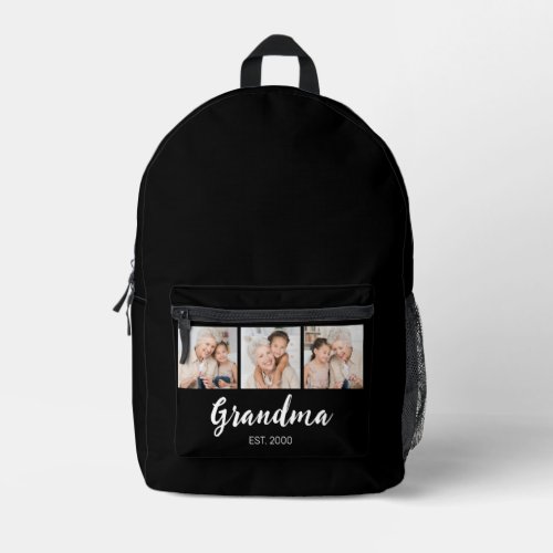 Grandma Established Modern Script 3 Photo Black Printed Backpack