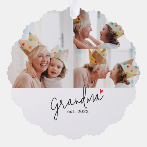 Grandma Established Modern Script 3 Photo Ornament Card