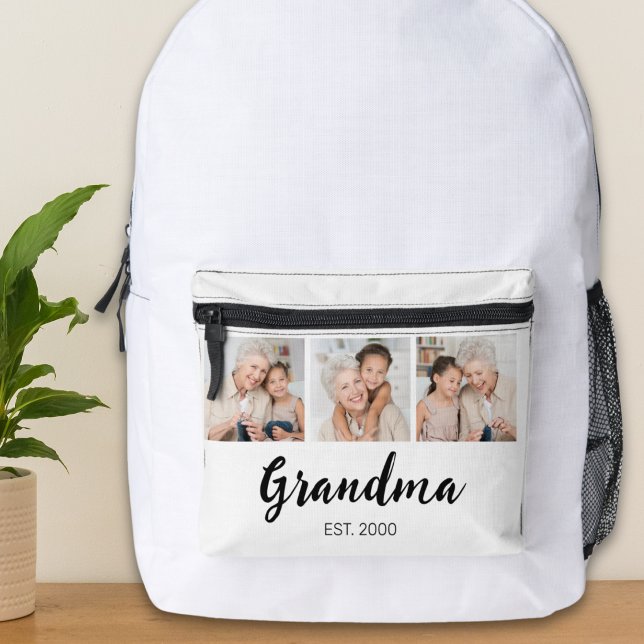 Grandma Established Modern Script 3 Photo Printed Backpack (Creator Uploaded)