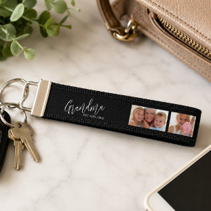 Grandma Established Modern Script 3 Photo Wrist Keychain