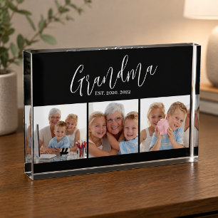 Grandma Established Modern Script Black 3 Photo Acrylic Award