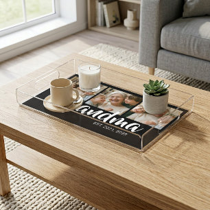 Grandma Established Modern Script Black 3 Photo Acrylic Tray