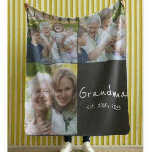 Grandma Established Modern Script Black 3 Photo Fleece Blanket