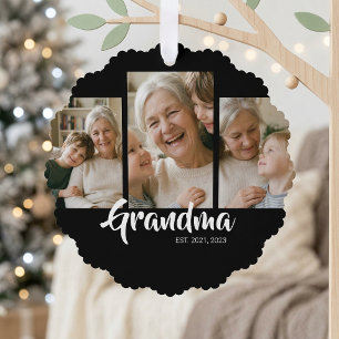 Grandma Established Modern Script Black 3 Photo Ornament Card